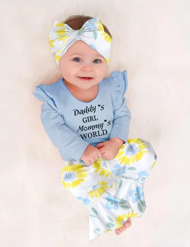 Miniatura 2 de ADIFUN Ropa de bebé niña, 4 piezas, trajes de niña recién nacida, con volantes, mameluco de campana para bebé, diadema, bandana, conjuntos de ropa