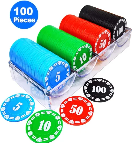 Miniatura 6 de Juego de 100 fichas de póquer de plástico con caja de almacenamiento, denominación impresa estilo casino chip para Texas Home Game Holdem Poker