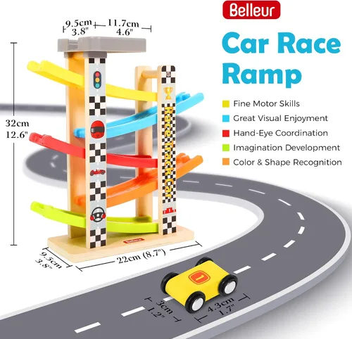 Miniatura 2 de Belleur - Juego Montessori para niños de 1 a 3 años, pista de carreras de coches para niños pequeños con 5 coches mini y 5 rampas, juego de juguetes