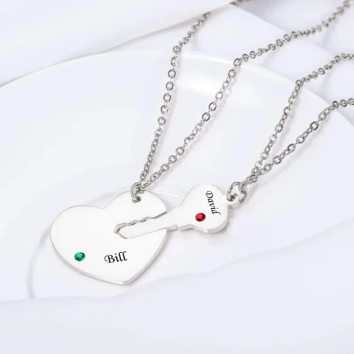 Miniatura 4 de Valyria - Juego de collar de acero inoxidable con piedras de nacimiento y diseño de llave, corazón y rompecabezas, hecho a medida con cualquier