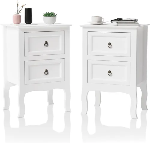 Miniatura 10 de Bonnlo Juego de 2 mesitas de noche blancas con 2 cajones, mesa auxiliar de cama/mesita de noche, mesita de noche pequeña para dormitorio, espacios