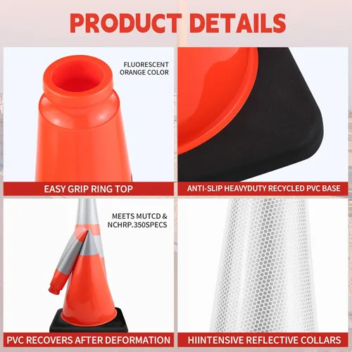 Miniatura 4 de Conos de seguridad de tráfico de PVC naranja de 28 pulgadas con base negra resistente y collares reflectantes de 6 pulgadas + 4 pulgadas para conos