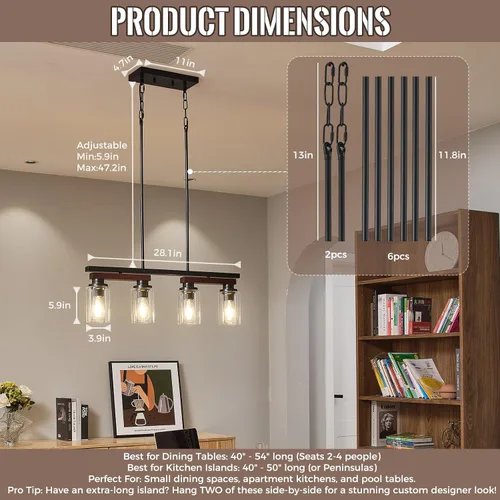 Miniatura 3 de 4 lámparas de isla de cocina y accesorios de iluminación de comedor de granja sobre mesa, colgante rústico ajustable para techo - Diseño giratorio
