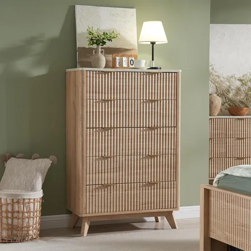Miniatura 7 de T4TREAM Cómoda acanalada de 3 cajones, cómoda moderna de 32 pulgadas de alto, diseño de perfil curvo, organizador de cajones de madera para Aliso