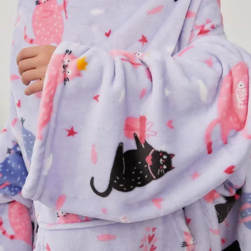 Miniatura 4 de Softan Manta de forro polar para niños con mangas y bolsillo para el pie para niños y niñas, manta ligera y suave, diseño de gato