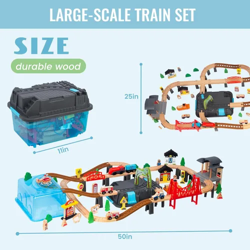 Miniatura 3 de 100 piezas de juego de tren de madera para niños de 3 años, juego de tren de doble cara con pistas, puente, estación de tren y caja de 100
