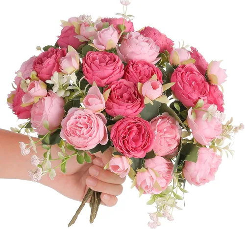 Miniatura 10 de Floweroyal 4 Ramos de Flores Artificiales de Peonía Color Champán, Ramos de Peonías de Seda para Bodas, Fiestas, Centros de Mesa de Mesa, Arreglos