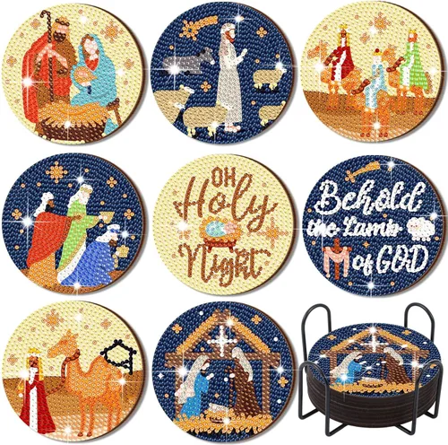 Miniatura 9 de Perthlin 8 Pcs Christmas Diamond Art Coasters Christmas Tree Candy Gnome Painting Coasters with Holder Painting Kit Green White Diamond Kits(Candy)