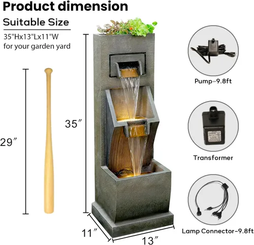 Miniatura 2 de Fuente de agua moderna de 3 niveles para interior/exterior de 35" de alto con luces LED y bomba, cascada en cascada independiente al aire libre