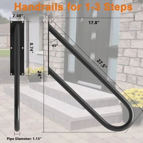 Miniatura 2 de Paquete de 2 pasamanos de escalera para 1-3 escalones, barandillas negras de 27.5 pulgadas para exteriores, barandillas de escalera para interiores