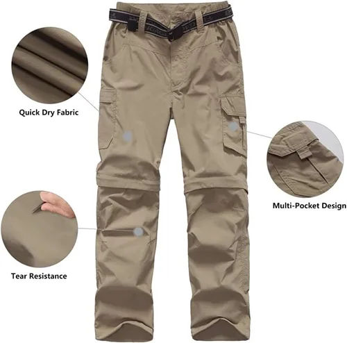 Miniatura 5 de Pantalones de senderismo convertibles para niños, ligeros, de secado rápido, con cremallera, para niños, jóvenes, exteriores, UPF 50+, pantalones