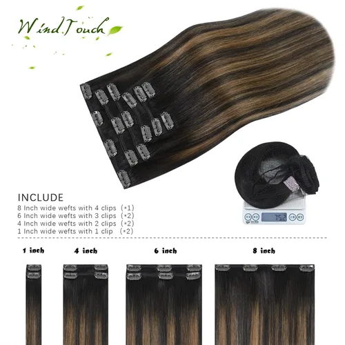 Miniatura 3 de WindTouch Extensiones de cabello humano con pinzas, balayage, color marrón oscuro a castaño con reflejos, para cabello castaño, 12 pulgadas, 2.47