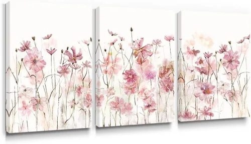 Miniatura 8 de SUMGAR Arte de pared rosa para dormitorio de niñas, decoración de pared de perfume de moda, flores, mariposas, cuadros de lienzo con marco gris