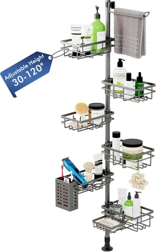 Miniatura 10 de Organizador de Caddy para Ducha con Poste de Tensión, Estante Esquinero de 6 Piezas Resistente al Óxido con Estante de Ducha Ajustable de 30-120