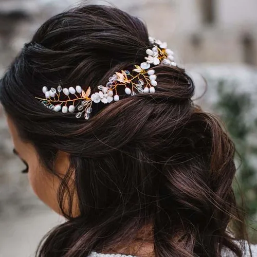 Miniatura 5 de JONKY Vid de pelo de novia de cristal de hoja de perla, diademas y accesorios para el cabello para mujer (dorado)