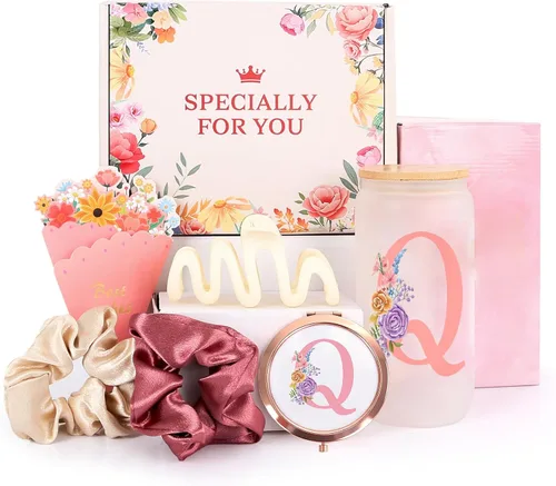 Miniatura 14 de Regalos de cumpleaños para mujeres – Caja de regalo personalizada con inicial con taza de vidrio con monograma, coleteros para el cabello y clip