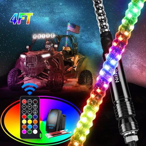Miniatura 11 de Nilight - 1 luz de látigo LED RGB en espiral de 2 pies con control remoto por RF, luz de persecución/baile RGB, látigos de antena iluminados