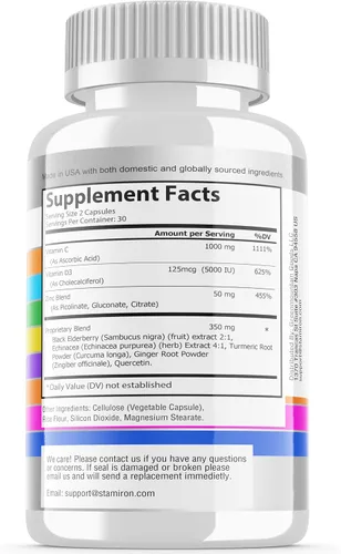 Miniatura 4 de Apoyo inmunológico 8 en 1 con quercetina, zinc 50mg, vitamina C 1000mg, vitamina D3 5000 UI y saúco, equinácea, jengibre para adultos y niños