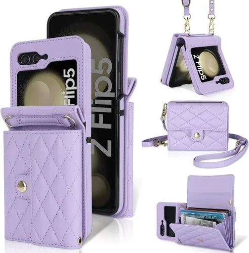 CASEOWL Funda compatible con Samsung Galaxy Z Flip 5, de piel, con tarjetero y correa de hombro extraíble para mujer, color morado