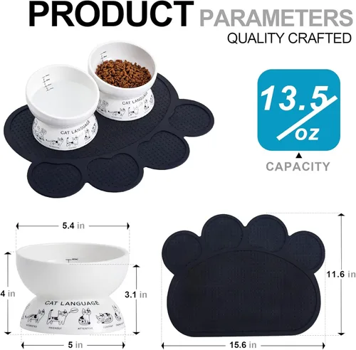 Miniatura 3 de Cuencos elevados de cerámica para gatos Cuenco elevado inclinado para alimentos y agua Cuenco pequeño para perros con alfombrilla de silicona