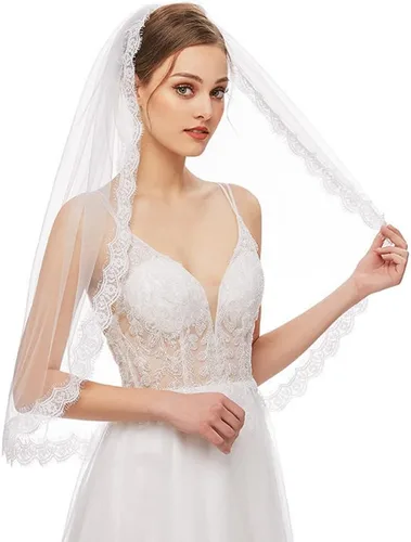Miniatura 9 de Velo de novia de una sola capa, borde de encaje, velo de novia beige con peine de metal para boda, despedida de soltera, fiesta, 35.4 pulgadas
