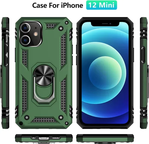 Miniatura 4 de Yiakeng Funda para iPhone 12 Mini: Funda para iPhone 12 Mini con protector de pantalla HD, fundas protectoras de grado militar con anillo para Verde