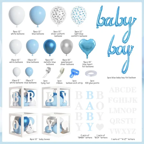Miniatura 2 de Amandir 137 globos azules para baby shower para niño con cajas de bebé, kit de arco de globos blancos y azules, cajas de bebé con letra