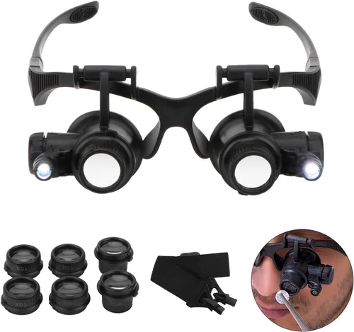Lupa manos libres para la cabeza, lupa con lupa para joyeros de luz, lupa para ojos con 2 luces LED, 8 lentes reemplazables para reparación de
