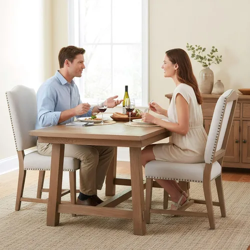 Miniatura 4 de ROCITY Juego de 2 sillas de comedor de lino tapizadas color beige, sillas laterales de cocina con patas de madera y ribete de cabeza de clavo
