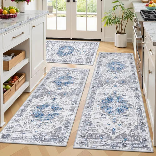 Miniatura 16 de Ileading Juego de 3 alfombras de cocina bohemias con corredor, alfombra de cocina, alfombras y tapetes antideslizantes lavables para cocina, suelo