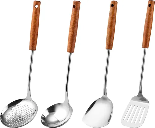 Miniatura 6 de FJNATINH Juego de utensilios de cocina de acero inoxidable con mango de madera, antiadherente, juego de utensilios de cocina de acero inoxidable