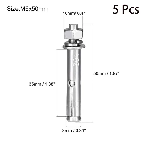 Miniatura 2 de 5 piezas de pernos de expansión de acero inoxidable 304 M6 x 1.969 in 304, tornillo de expansión hexagonal externo, anclaje de manguera, cubierta