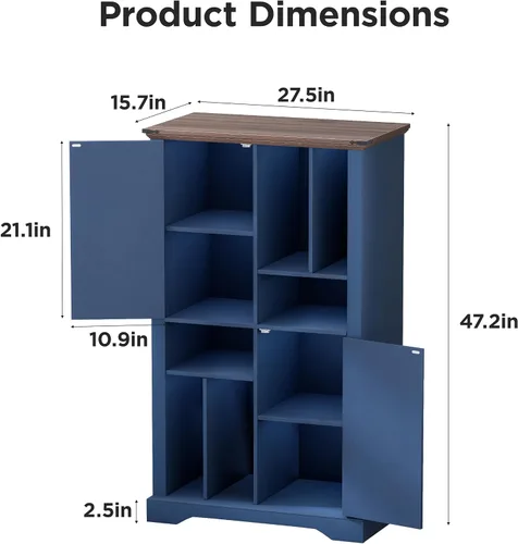 Miniatura 2 de Maupvit Soporte grande para tocadiscos, armario de almacenamiento de discos de vinilo azul marino de 47 pulgadas con puertas de granero, soporte