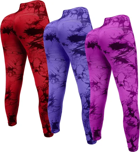 Miniatura 2 de OVESPORT Paquete de 3 leggings de entrenamiento de cintura alta sin costuras con teñido anudado para mujer, pantalones deportivos para yoga