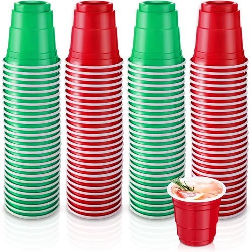 Miniatura 10 de Roshtia Paquete de 100 vasos desechables de 2 onzas, vasos de chupito de Mardi Gras, pequeños vasos de plástico para Navidad, fiesta de Año Nuevo