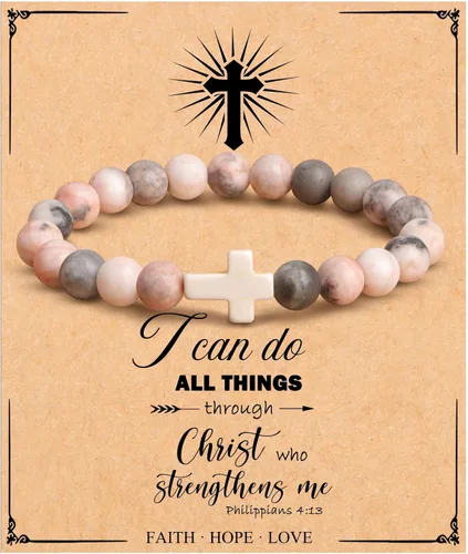 JoycuFF Christian Gifts for Women Inspirational Gift Cross Bracelet for Women Natural Stone Bracelet for Women First Communion Confirmation Baptism