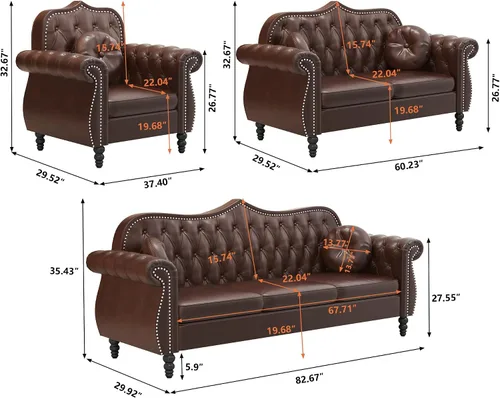 Miniatura 7 de AVZEAR Sofá de tres plazas de 82 pulgadas, sofá Chesterfield, moderno sofá tapizado de poliuretano de mediados de siglo, sofá de sala de estar