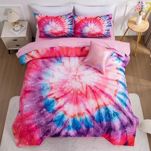 Miniatura 3 de A Nice Night Juego de ropa de cama de 6 piezas en una bolsa Juego de edredón Tie Dye Galaxy para niños, patrón de espiral psicodélico colorido Rosa