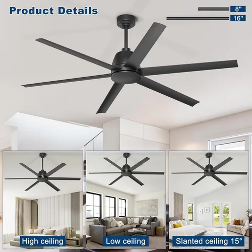 Miniatura 2 de Ventilador de techo de 65 pulgadas sin luz - Ventilador de techo negro con control remoto y APP, motor CC reversible silencioso, 6 aspas