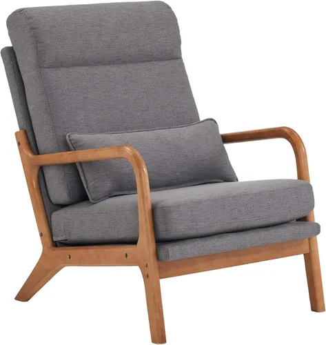 SSLine Sillón tapizado moderno de tela de lino suave con almohada y marco de madera de roble, cómodo sofá individual con respaldo alto, silla de