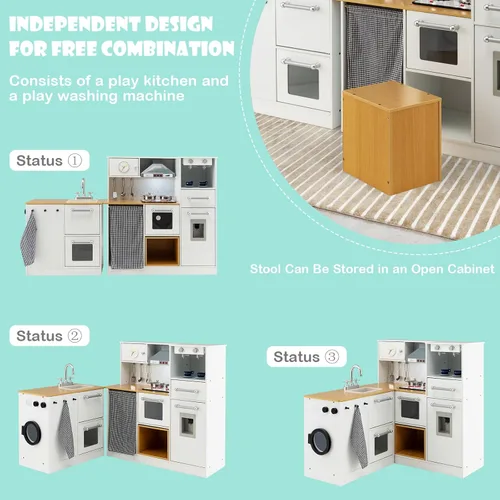 Miniatura 2 de HONEY JOY Juego de cocina para niños, juego de cocina modular de madera de 2 piezas, lavadora y fregadero, cafetera, campana extractora y estufa