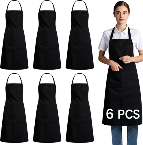Delantal con babero - Delantal unisex negro con 6 bolsillos, delantal de cocina para cocinero, delantales de dibujo para barbacoa, negro (6 piezas)