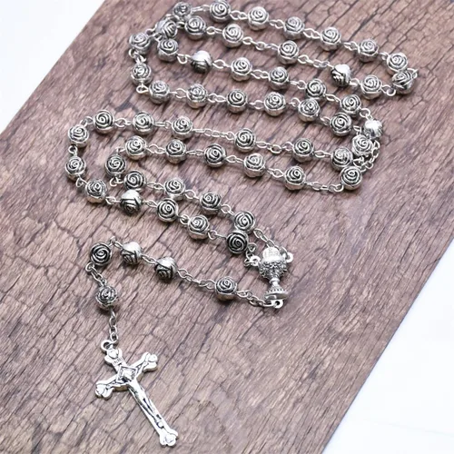 Miniatura 4 de SZQCZB Collar católico con cuentas de rosario, regalos de primera comunión católica, con lujosa caja de metal, Plástico, No es una piedra preciosa