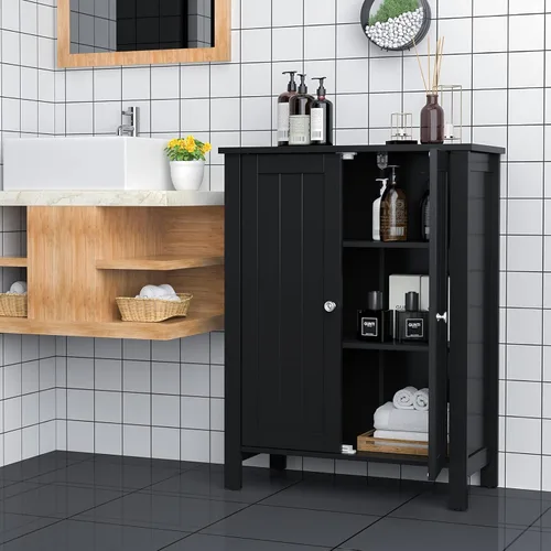 Miniatura 2 de Tangkula Armario de suelo de baño, con puerta doble y estante ajustable, gabinete de almacenamiento de baño de madera de 3 niveles para oficina
