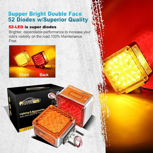 Miniatura 4 de Partsam 2 piezas cuadradas de doble cara para guardabarros de doble cara, 52 luces LED ámbar/rojo, luces de pedestal LED de doble cara impermeable