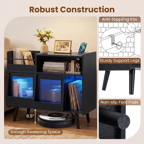 Miniatura 8 de Giantex Soporte grande para tocadiscos con luz LED, soporte para tocadiscos moderno de mediados de siglo con puerta deslizante, estación de carga