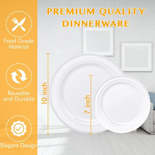 Miniatura 5 de JollyPack 100 piezas de platos desechables de plástico plateado para fiestas, incluyendo 50 platos llanos de 10 pulgadas y 50 de 7 pulgadas