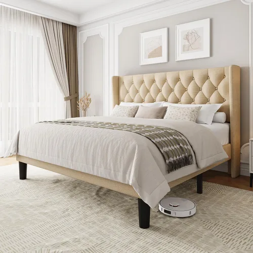 Miniatura 14 de Einhomn Base de cama de plataforma de tamaño matrimonial con cabecera tapizada de tela, 10 pulgadas debajo de la cama, soporte de listones de madera