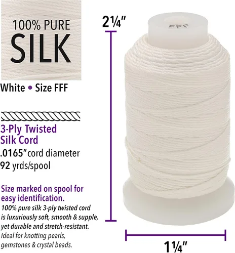 Miniatura 3 de The Beadsmith Cordón de seda pura – Blanco, tamaño FFF (0.419 mm/0.0165"), 92 yardas (276 pies), carrete de 1/2 onza