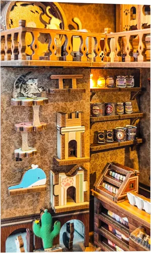 Miniatura 6 de Kit de rincón de lectura - Kit de casa de muñecas DIY en miniatura de madera con cubierta de polvo, estantería decorativa, rompecabezas 3D